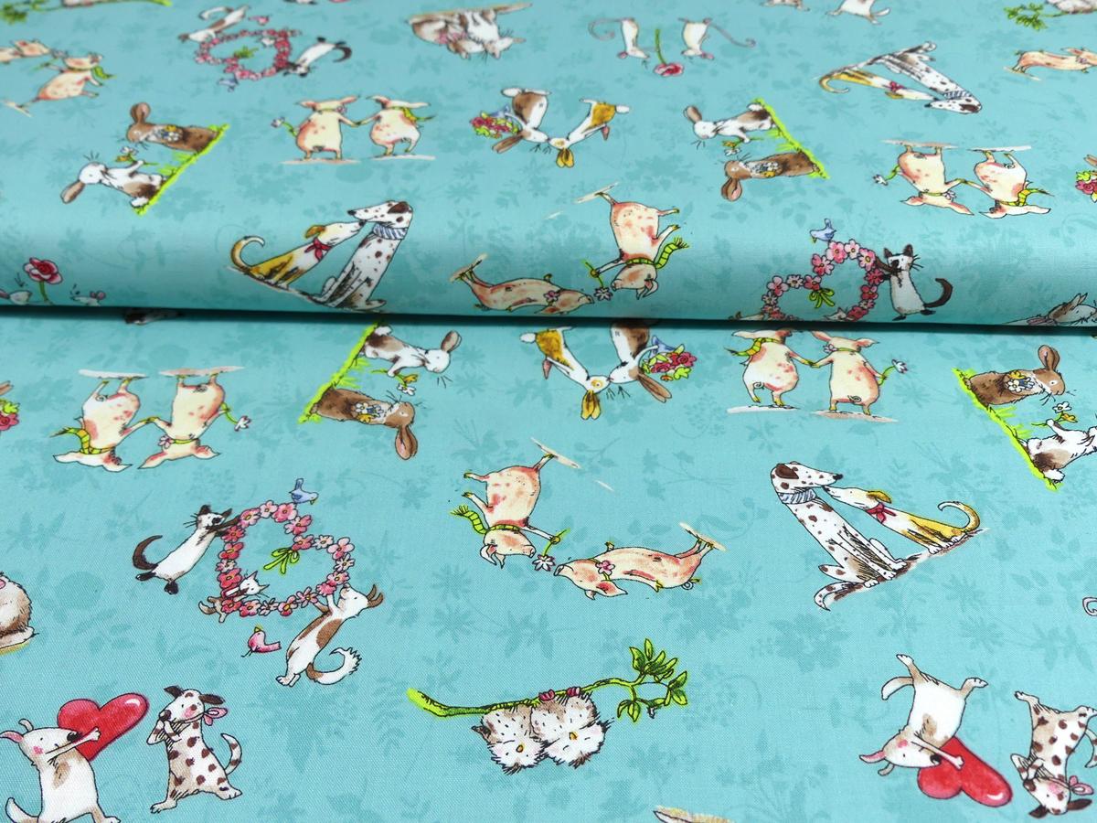 Patchworkstoff in türkis mit Mäusen, Katzen, Hunden und mehr von Clothworks